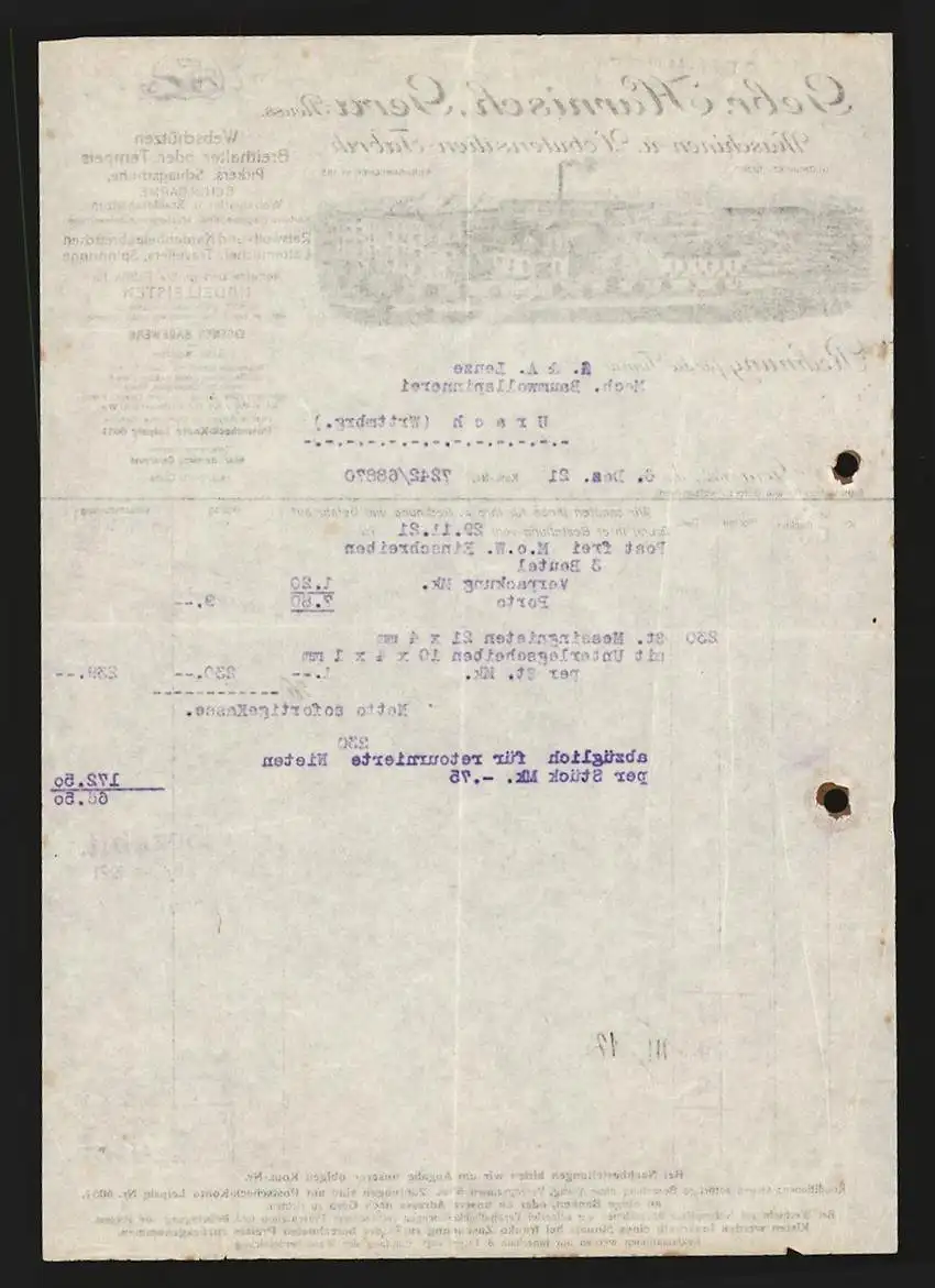 Rechnung Gera-Reuss 1921, Gebr. Harnisch, Maschinen- & Webutensilien-Fabrik, Fabrikanlage mit Geschäftsgebäude