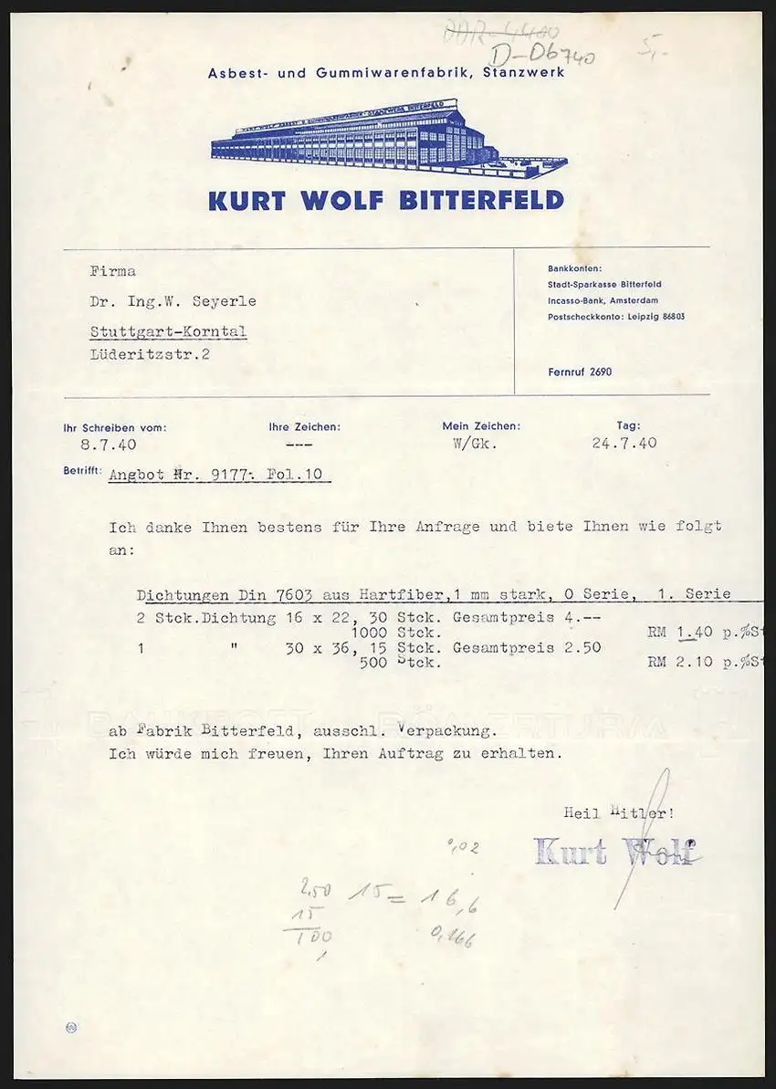 Rechnung Bitterfeld 1940, Kurt Wolf, Asbest- und Gummiwarenfabrik, Stanzwerk, Modell eines grossen Fabrikgebäudes