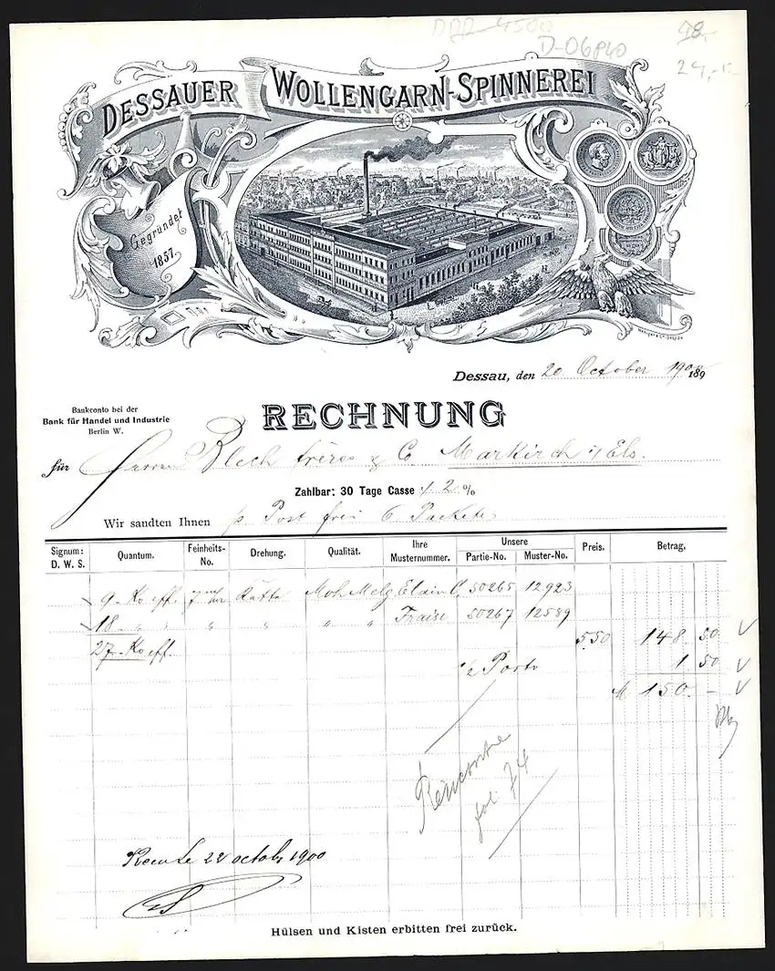 Rechnung Dessau 1900, Dessauer Wollengarn-Spinnerei, Die Fabrikanlage aus der Vogelschau, Preis-Medaillen