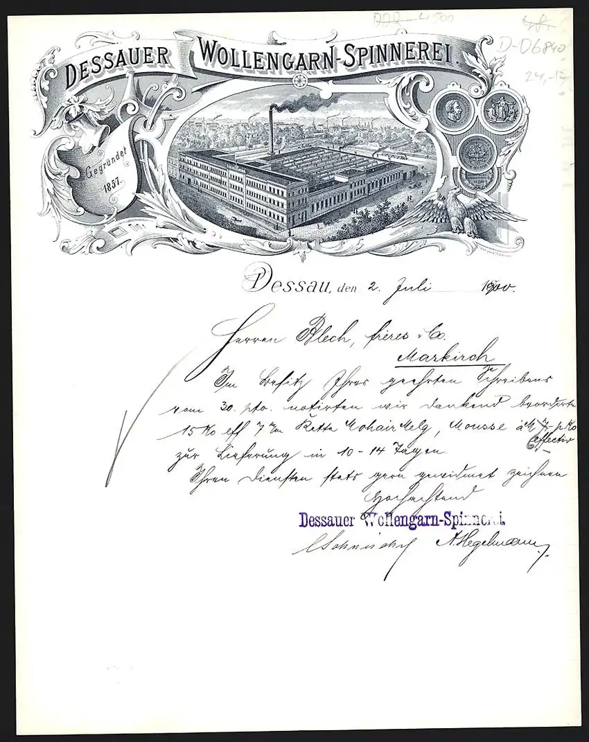 Rechnung Dessau 1900, Dessauer Wollengarn-Spinnerei, Die Fabrikanlage aus der Vogelschau und Preis-Medaillen