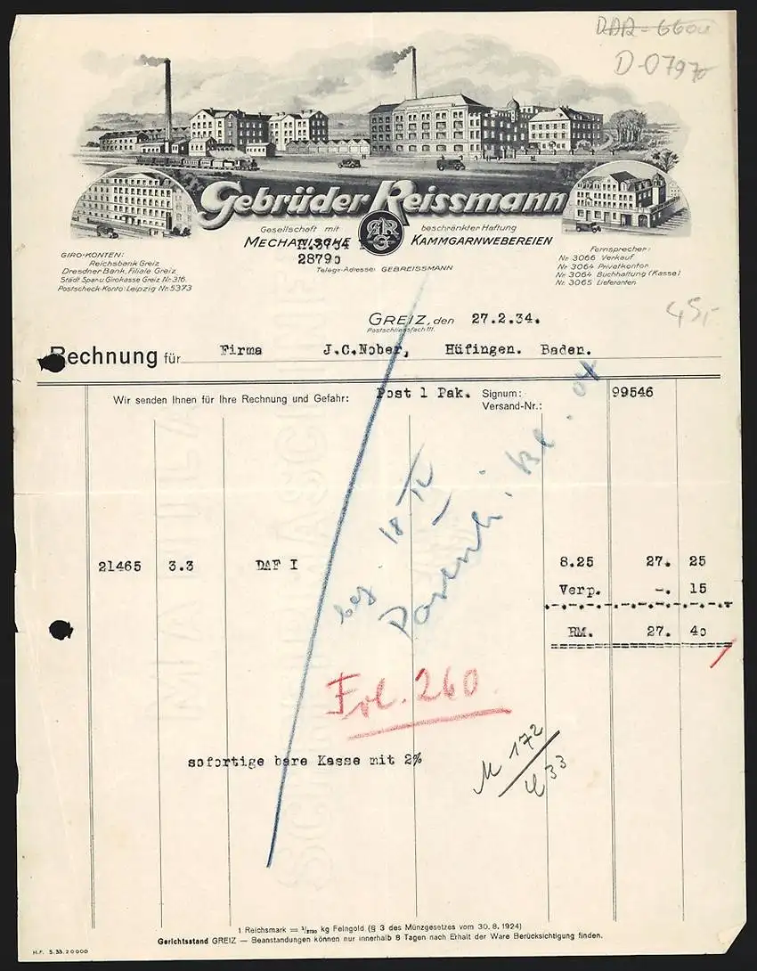 Rechnung Greiz 1934, Gebrüder Reissmann, Mechanische Kammgarnwebereien, Ansichten dreier Betriebsstellen