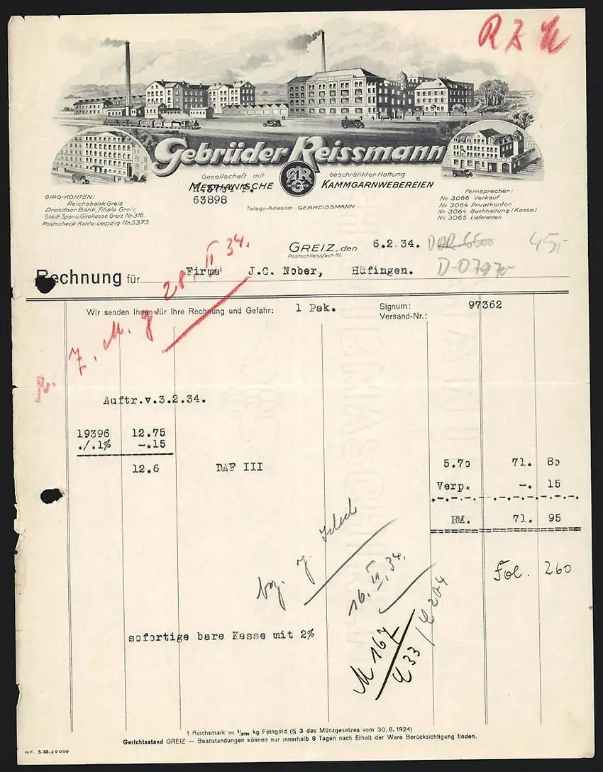 Rechnung Greiz 1934, Gebrüder Reissmann, Mechanische Kammgarnwebereien, Ansichten der Fabrik und zweier Filialen