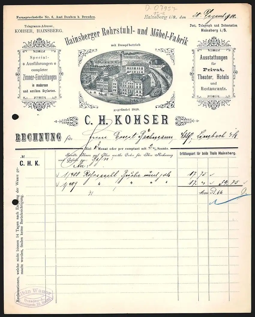 Rechnung Hainsberg i. S. 1912, C. H. Kohser, Rohrstuhl- & Möbel-Fabrik, Betriebsgelände an einem Kanal