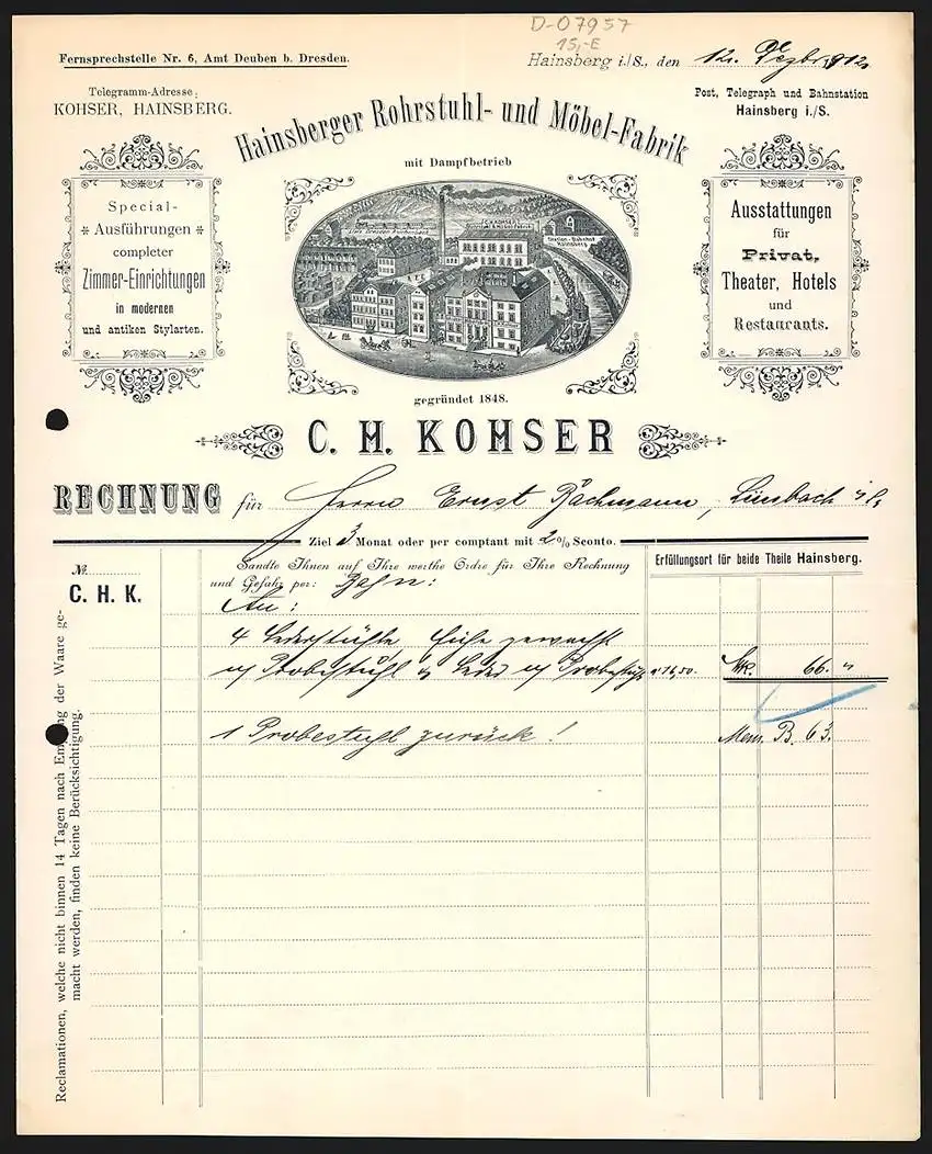Rechnung Hainsberg i. S. 1912, C. H. Kohser, Rohrstuhl- & Möbel-Fabrik, Betriebsgelände am Kanal