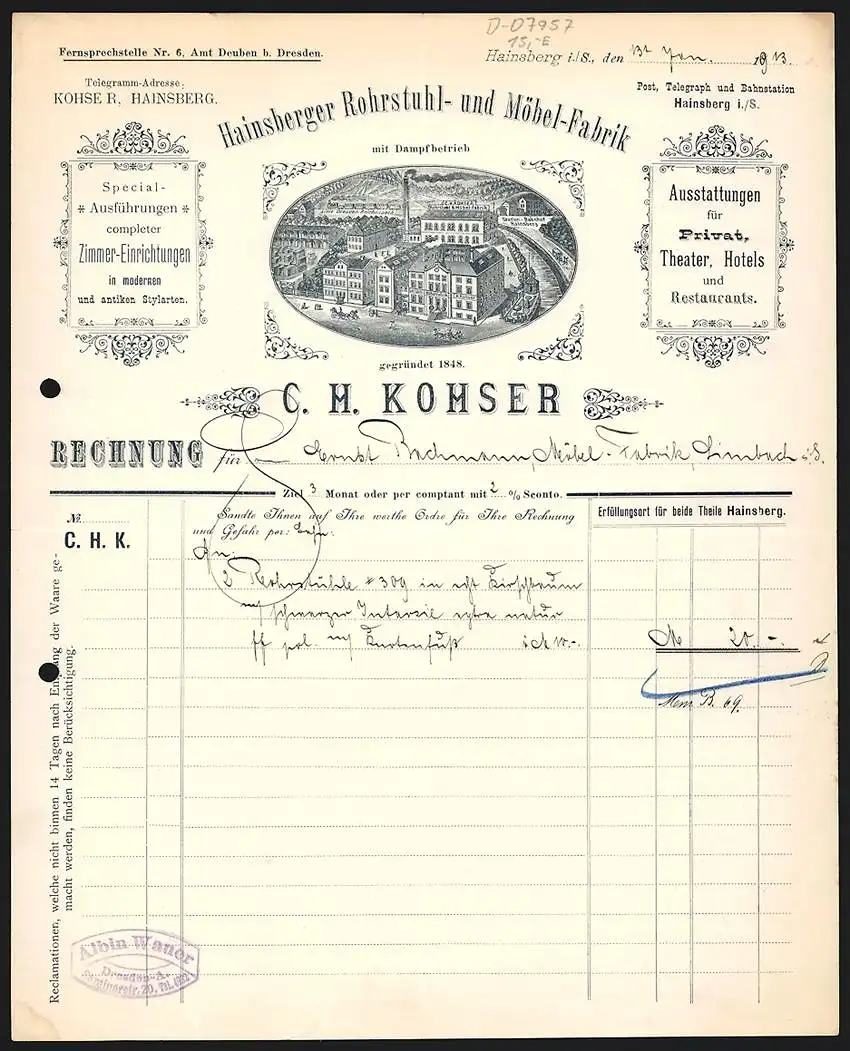 Rechnung Hainsberg i. S. 1913, C. H. Kohser, Rohrstuhl- & Möbel-Fabrik, Betriebsgelände am Kanal