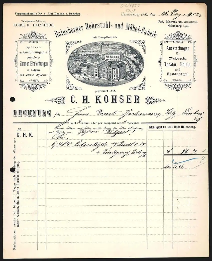 Rechnung Hainsberg i. S. 1912, C. H. Kohser, Hainsberger Rohrstuhl- & Möbel-Fabrik, Betriebsgelände am Kanal