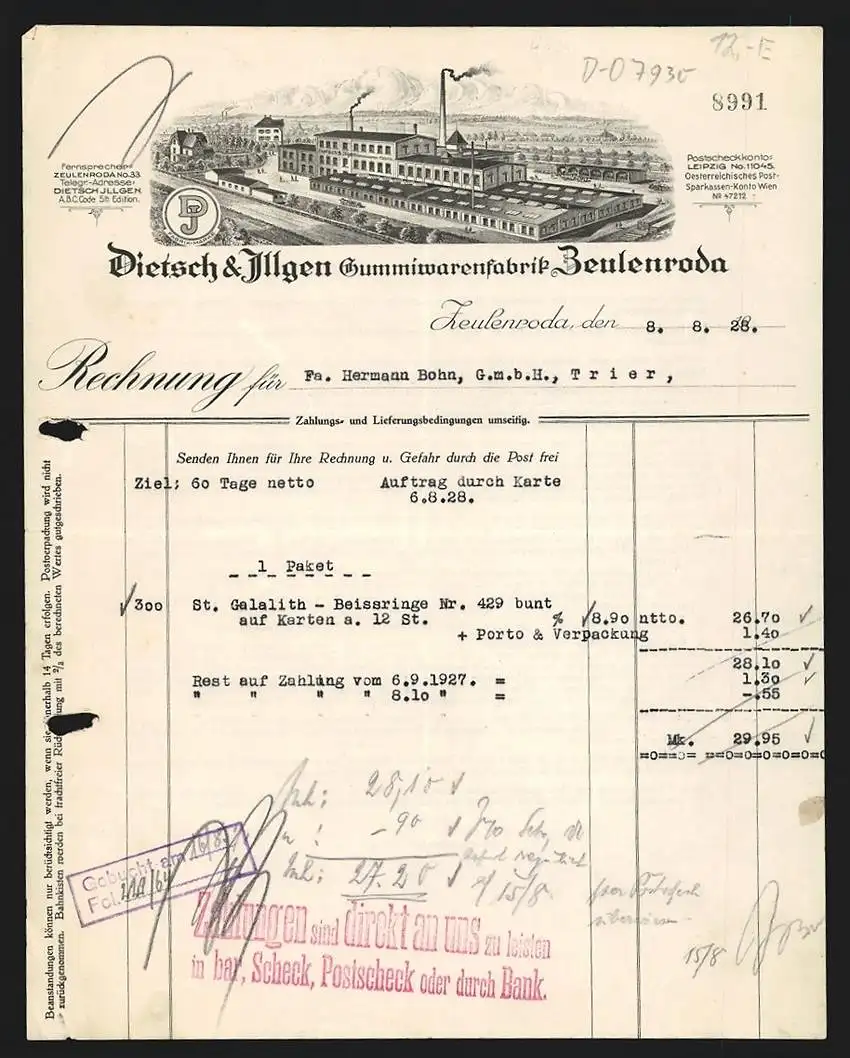 Rechnung Zeulenroda 1928, Dietsch & Illgen, Gummiwarenfabrik, Ansicht des Fabrikgeländes und Firmenlogo