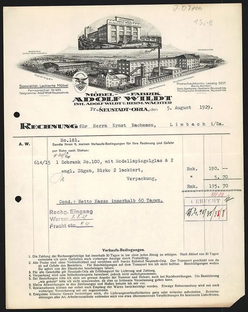 Rechnung Neustadt-Orla 1929, Adolf Wildt, Möbel-Fabrik, Betriebsgelände mit Hauptgebäude, Holzlager und Maschinenhaus