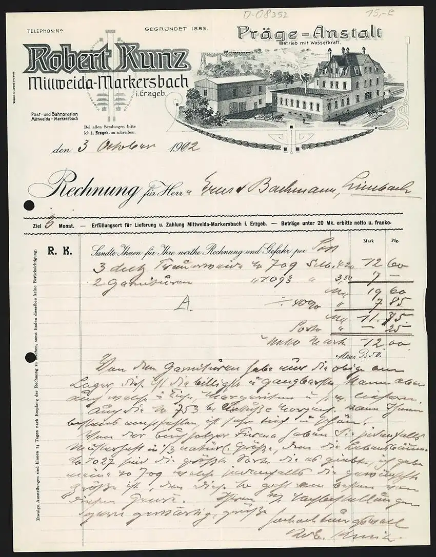 Rechnung Mittweida-Markersbach 1912, Robert Kunz, Präge-Anstalt, Betriebsgelände, Viadukt mit Eisenbahn im Hintergrund