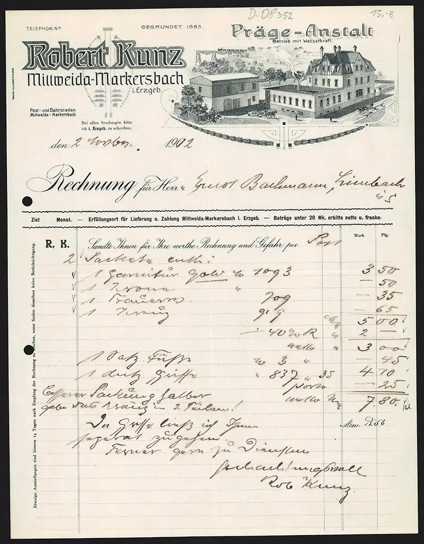 Rechnung Mittweida-Markersbach 1912, Robert Kunz, Präge-Anstalt, Betriebsgelände vor Viadukt mit Eisenbahn
