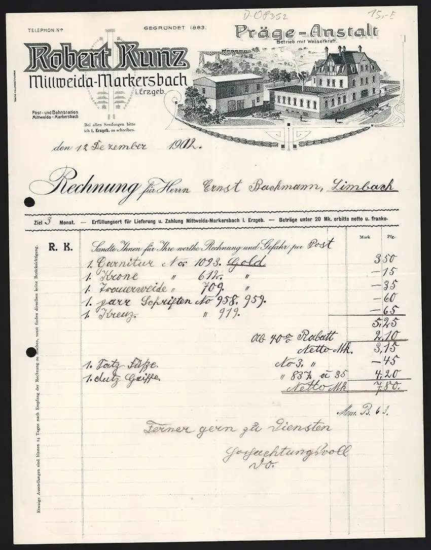 Rechnung Mittweida-Markersbach 1912, Robert Kunz, Präge-Anstalt, Betriebsgelände gegen Viadukt mit Eisenbahn