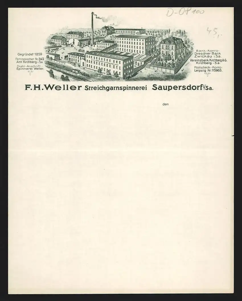 Rechnung Saupersdorf i. Sa., F. H. Weller, Streichgarnspinnerei, Ansicht des Fabrikgeländes aus der Vogelschau