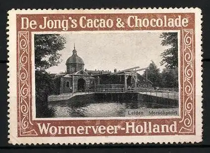 Reklamemarke Leiden, Morschpoort, De Jong's Cacao & Chocolade