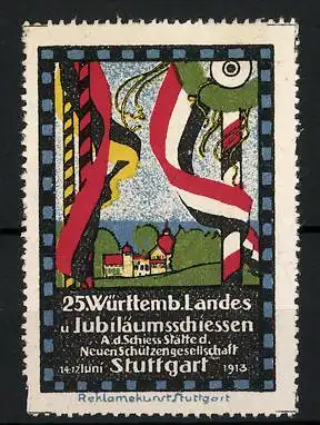 Reklamemarke Stuttgart, 25. Württemb. Landes- und Jubiläumsschiessen 1913, Stadtansicht und Flaggen