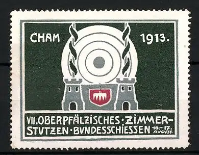 Reklamemarke Cham, VII. Oberpfälzisches Zimmerstutzen Bundesschiessen 1913, Zielscheibe und Türme