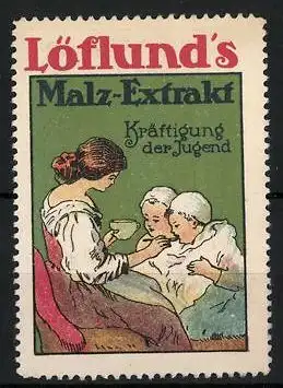 Reklamemarke Löflund's Malzextrakt, Kräftigung der Jugend, Mutter füttert zwei Kinder