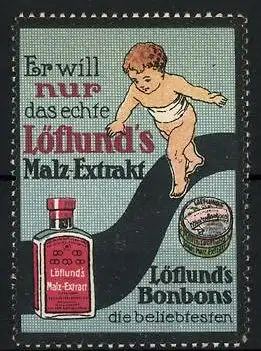 Reklamemarke Löflund's Malzextrakt & Bonbons, Knabe, Flasche und Dose