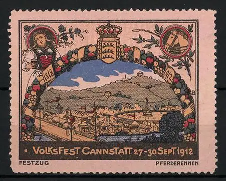 Reklamemarke Cannstatt, Volksfest 1912, Stadtansicht, Wappen