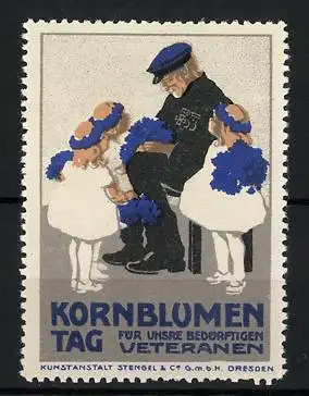 Reklamemarke Kornblumentag für unsere bedürftigen Veteranen, Mädchen schenken einem Veteranen Kornblumen