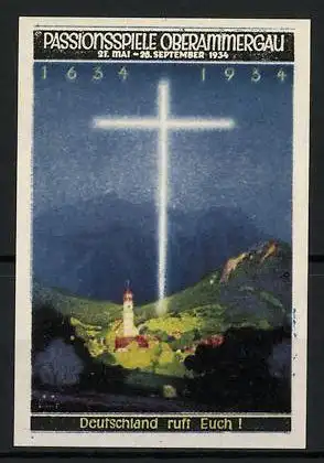 Reklamemarke Oberammergau, Passionsspiele 1934, Deutschland ruft Euch! Stadt und leuchtendes Kreuz