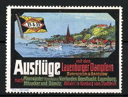 Reklamemarke Lauenburger Dampfer für Ausflugsfahrten, Burmester & Badedow, Raddampfer und Flagge