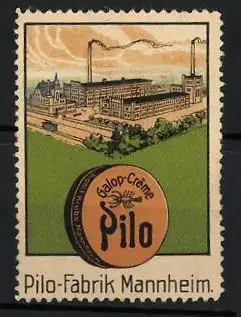 Reklamemarke Galop-Creme Pilo, Pilo-Fabrik Mannheim, Fabrik und Dose