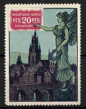 Reklamemarke Rabatt-Spar-Verein Frankfurt, 20 Pfg., Engel über der Stadt