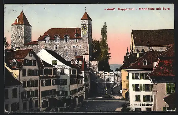 AK Rapperswil, Blick auf den Marktplatz mit Burg, Restaurant Freihof