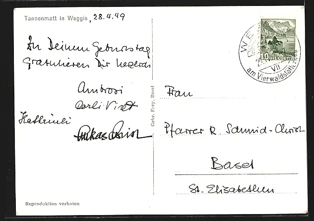 AK Tannenmatt /Weggis, Gebäude mit Bootshaus, vom Wasser gesehen