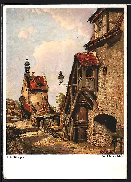 Künstler-AK Sulzfeld / Main, Strassenpartie Stadtmauer