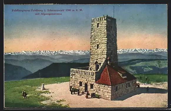 AK Feldberg / Schwarzwald, Feldbergturm mit Alpenpanorama