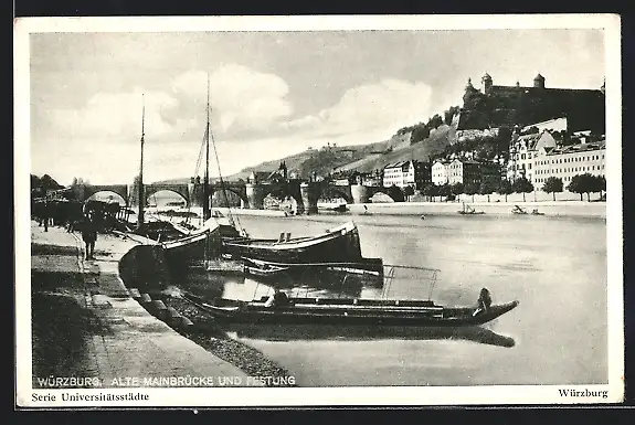 AK Würzburg, alte Mainbrücke und Festung