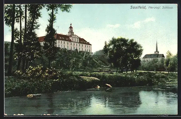 AK Saalfeld / Saale, Herzogl. Schloss, vom Wasser gesehen