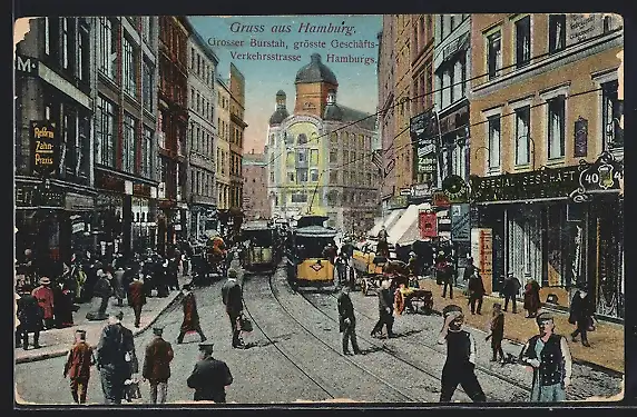 AK Hamburg, Grosser Burstah, Grösste Geschäfts-Verkehrsstrasse Hamburgs, Strassenbahnen