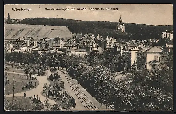 AK Wiesbaden, Nerotal-Anlagen mit Griech. Kapelle und Neroberg