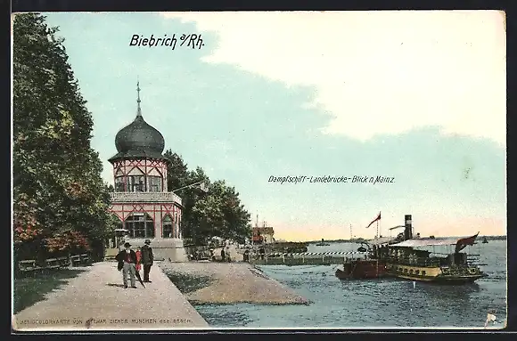 AK Biebrich a. / Rh., Blick auf ein Dampfschiff, eine Landebrücke, nach Mainz