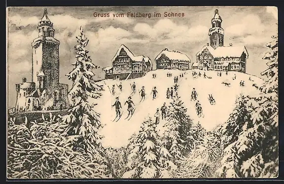 Künstler-AK Feldberg / Taunus, Ansicht mit Turm im Schnee