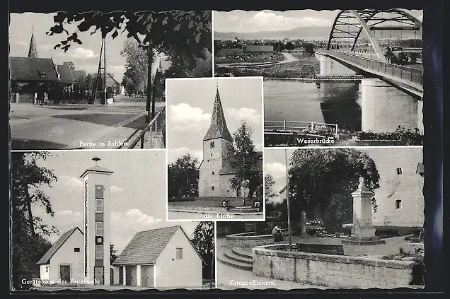 AK Fuhlen an der Weser, Strassenpartie, Weserbrücke, Kirche, Gerätehaus der Feuerwehr, Kriegerdenkmal