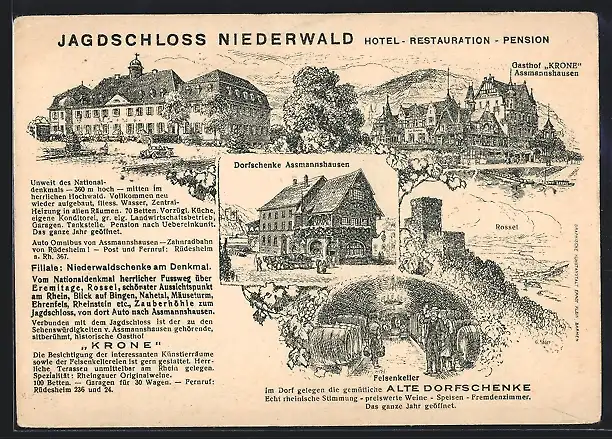 AK Rüdesheim / Rhein, Hotel-Pension Niederwald, Gasthof Krone, Dorfschenke Assmannshausen