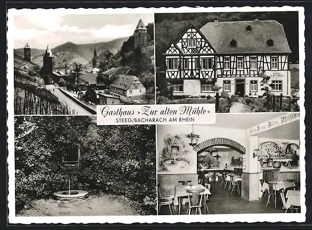 AK Steeg /Bacharach, Gasthaus Zur alten Mühle, Ortsansicht, Brunnen