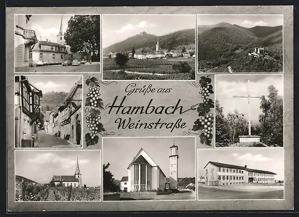 AK Hambach /Weinstrasse, Strassenpartie, Kirche, Wegkreuz, Schulhaus