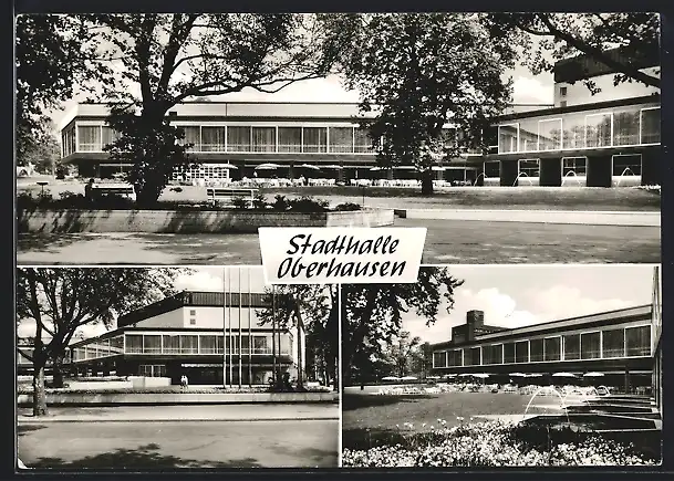 AK Oberhausen / Rhld., Ansichten der Stadthalle mit Park und Wasseranlage