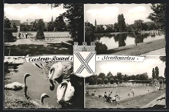 AK Castrop-Rauxel, Stadtgarten, Teich, Freibad, Wappen