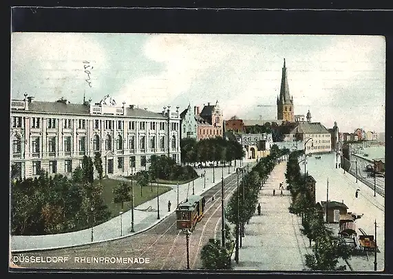 AK Düsseldorf, Rheinpromenade aus der Vogelschau