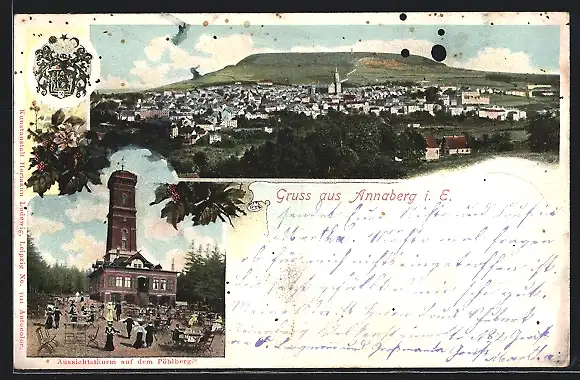 AK Annaberg i. E., Gasthaus und Aussichtsturm auf dem Pöhlberg, Panorama