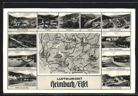 AK Heimbach /Eifel, Stausee-Partie, Ortspartie mit Rurbrücke, Landkarte, Gesamtansicht