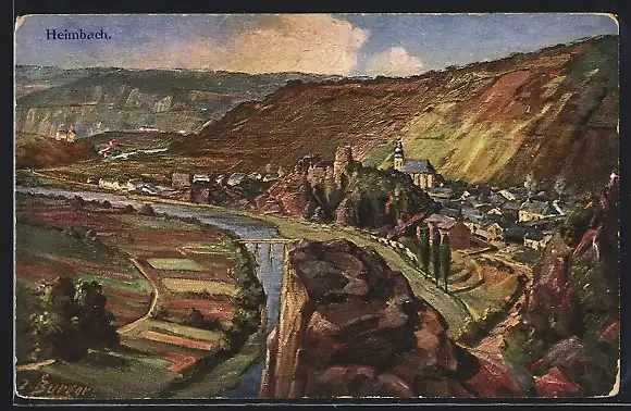 Künstler-AK Heimbach /Eifel, Ortsansicht aus der Vogelschau