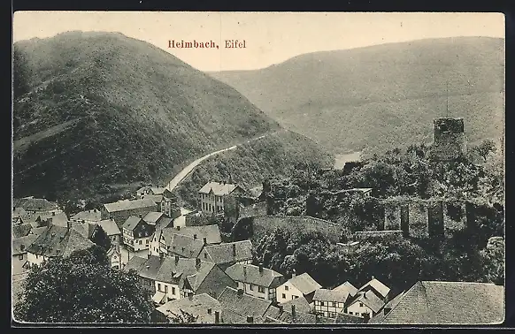 AK Heimbach /Eifel, Teilansicht mit Blick in die Berge aus der Vogelschau