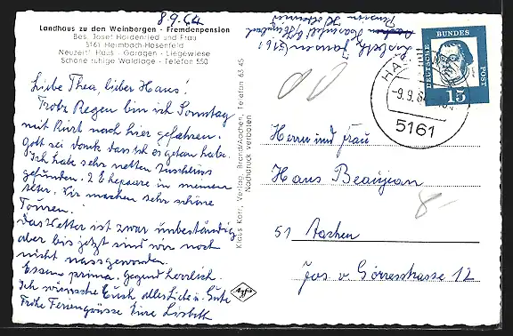 AK Heimbach-Hasenfeld, Pension Landhaus zu den Weinbergen J. Holdenried, Postillon