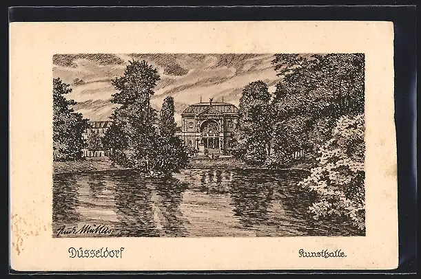 Künstler-AK Düsseldorf, Kunsthalle, vom Wasser gesehen